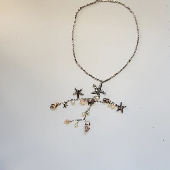 Seashell Starfish Necklace with Pearls Silver Tone Chain Nautical Beach Jewelry - Picture 2 of 10